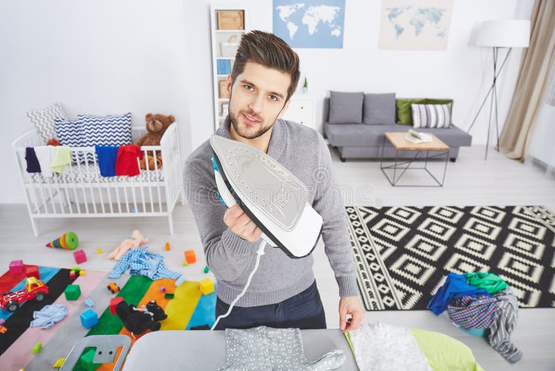 Modern Father Ironing Baby Clothes Stock Photo Image of life, parent