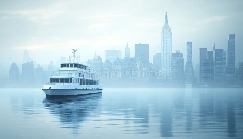 Modern Ferry Navigating a Misty City Harbor, Embracing the Future of ...