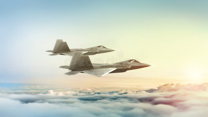 Modern fighter jets flying at dusk or sunrise. 3D illustration.