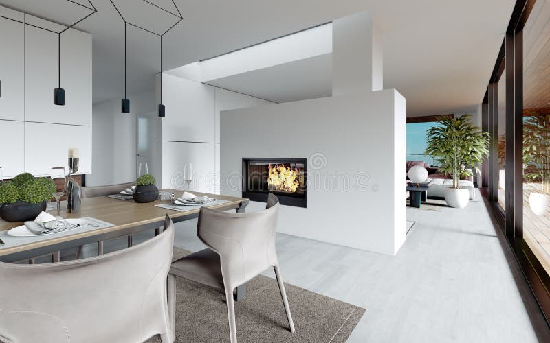 Modern Fireplace with Live Fire between the Living Room and Dining Room