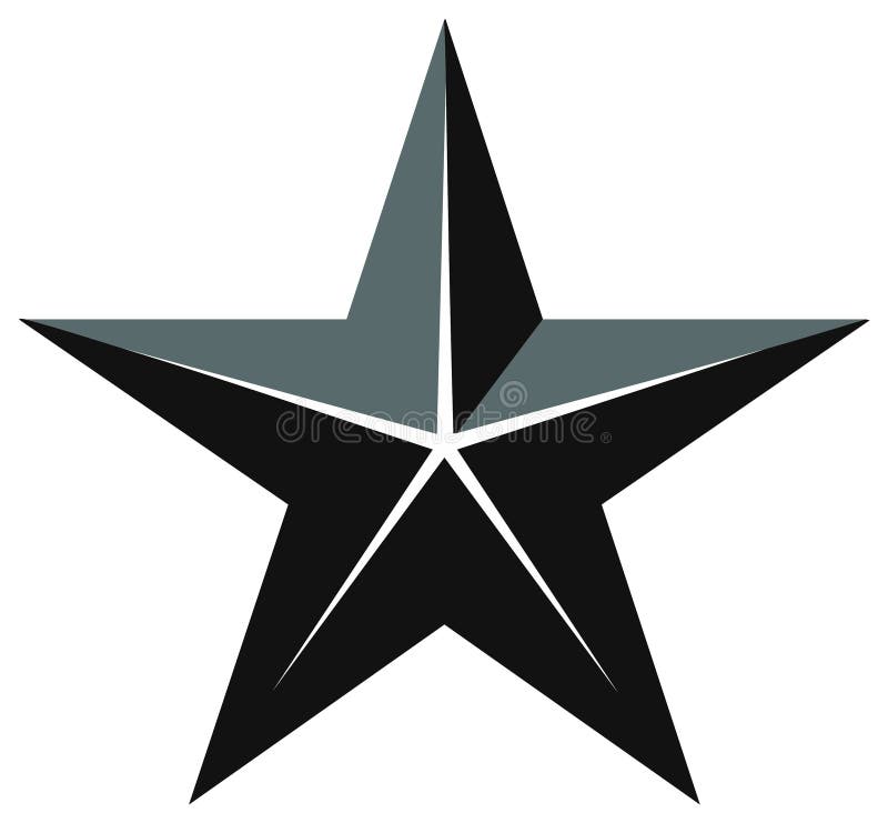Modern five pointed star icon with sharp angles and two tone gray and black segments stock illustration