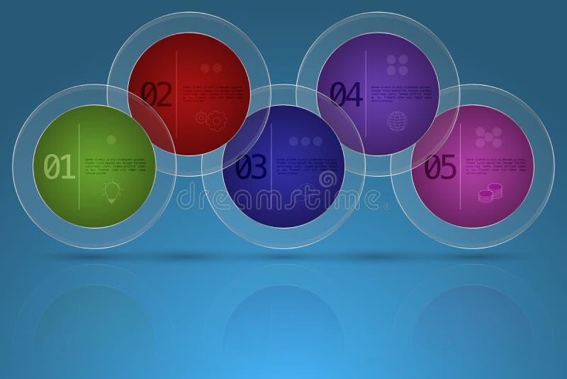 Modern five steps business timeline infographics in rounded shape with transparent glass outer circle on gradient blue backdrop w stock illustration