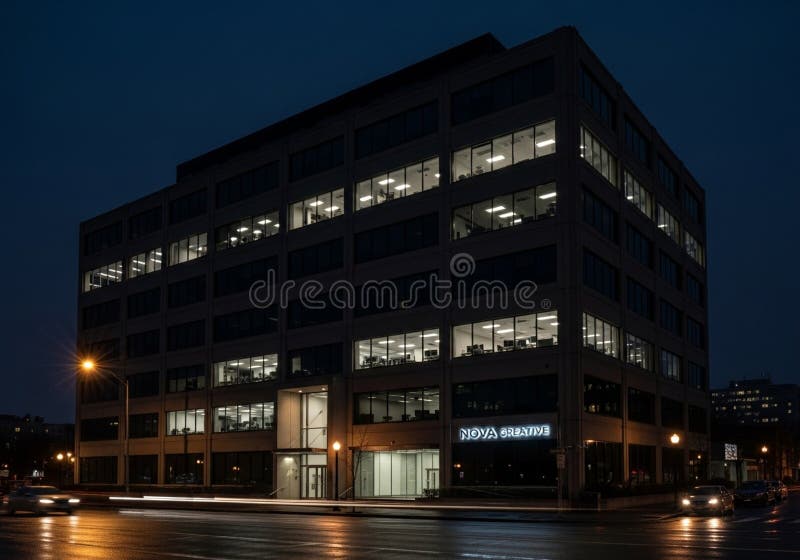 A modern, five-story office building at night, with illuminated windows on royalty free illustration