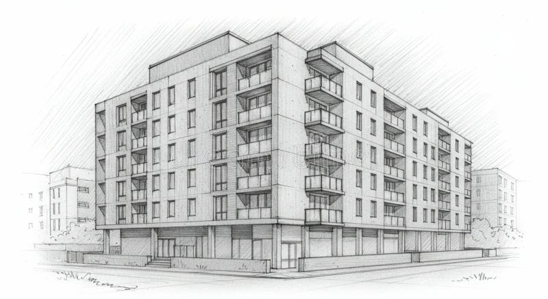 Modern five-story residential building in an urban setting. Architectural drawing royalty free illustration