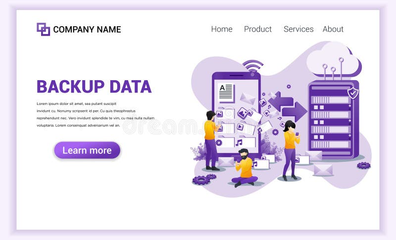 Modern flat design concept of Backup data, Copying files or files transfer process on mobile phone with characters. Can use for vector illustration