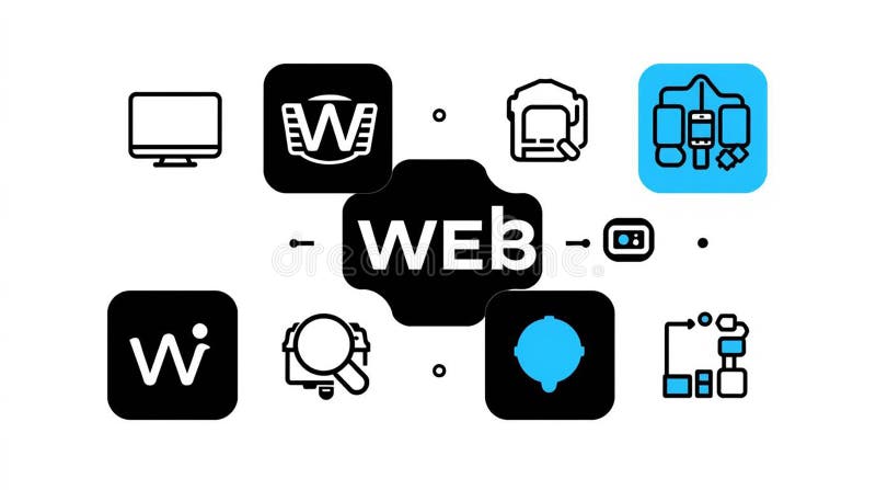 A modern flat design illustration conceptualizing the World Wide Web and internet services. The word 'WEB' is centrally featured, surrounded by a collection of relevant icons including a computer monitor, search symbol, connected mobile devices, and various abstract logos. This clean, minimalist vector graphic uses a simple black and blue color scheme, perfect for representing concepts like web development, digital marketing, SEO, UI UX design, internet connectivity, and online technology. Ideal for websites, presentations, and business infographics. World wide web computer vectors