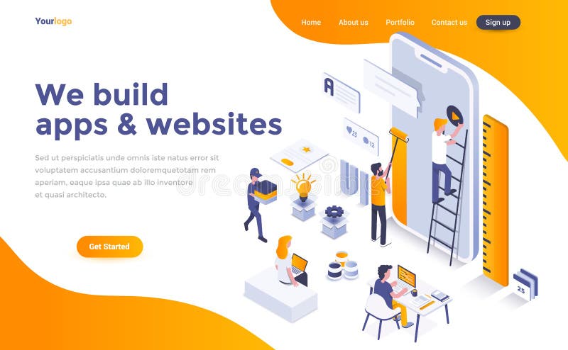 Flat color Modern Isometric Concept Illustration - We build apps stock illustration