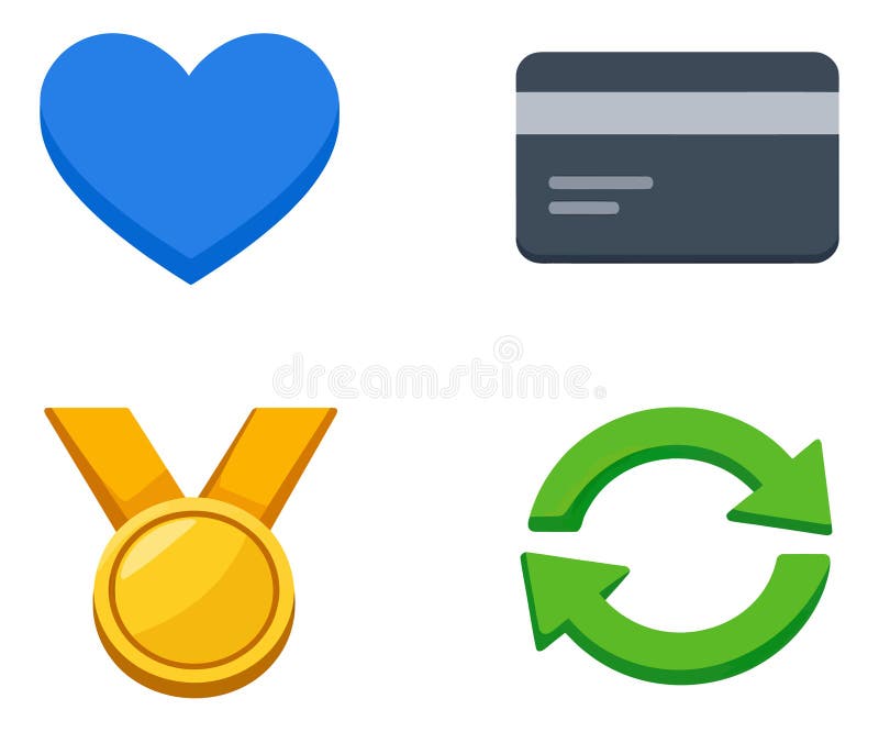 Modern flat icon set featuring a heart, a credit card, a medal, and a refresh symbol for user interface design vector illustration