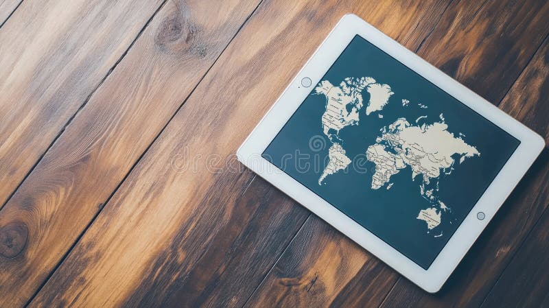 Modern flat lay of a tablet displaying a world map with ample copy space for creative design needs. Generative AI. Tablet showcases a detailed world map against a wooden backdrop, offering ideal space for text and design elements in a contemporary layout. AI generated