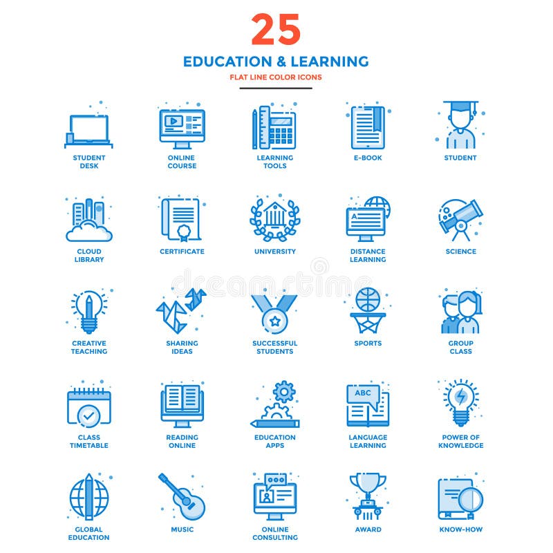 Modern Flat Line Color Icons- Education and Learning royalty free illustration Modern Flat Line Color Icons- Education and Learning royalty free illustration