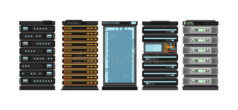 Modern flat server racks. Computer processor servers for server room. Vector set isolated on white background royalty free illustration