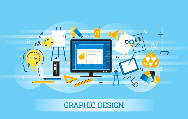 Modern flat thin line design vector illustration, infographic concept of graphic design, designer items and tools, and design vector illustration Modern flat thin line design vector illustration, infographic concept of graphic design, designer items and tools, and design vector illustration