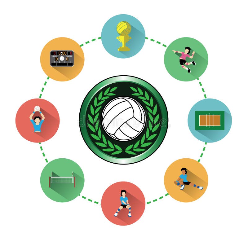 Modern Flat Volleyball Icons Set with Long Shadow Effect Stock Vector