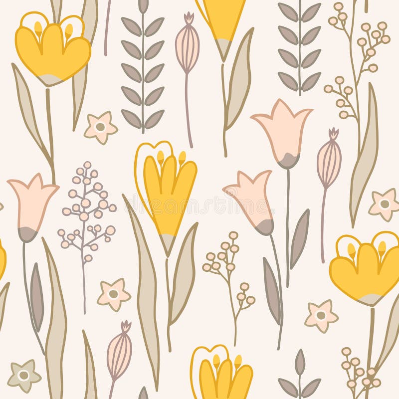Modern floral handrawn seamless pattern on light background. Vector illustration.