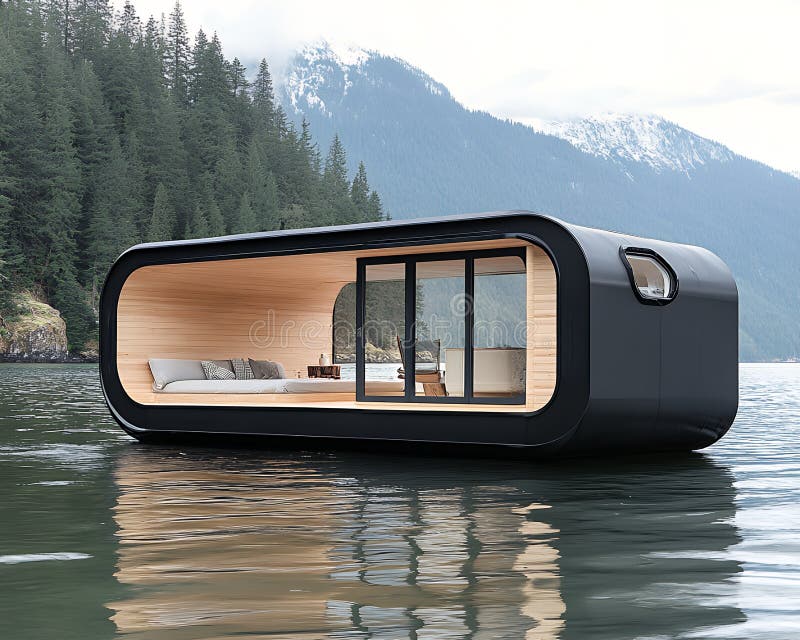 Modern Flotant Cabina Lake House Minimalist Design home boat View calm room water stock illustration