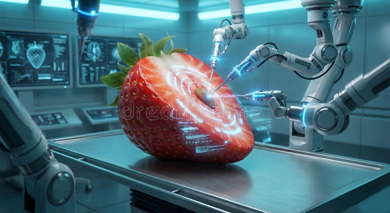 Modern Food Science: Advanced Robotic Genetic Engineering in a Hi-Tech Lab vector illustration