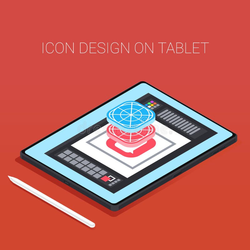 Modern Frameless Tablet with Pen. 3d Isometric Tablet with Design App
