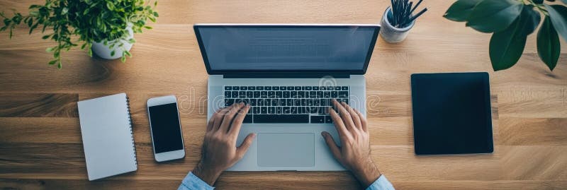 Freelancer multitasking with laptop, smartphone, and tablet in a sleek organized workspace during a productive work stock photo