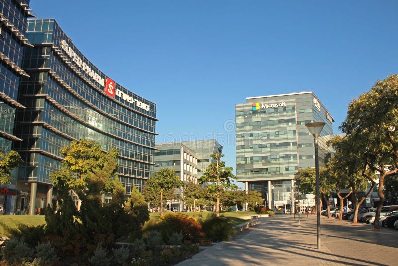 Modern futuristic architecture building, Microsoft and Super-Pharm office