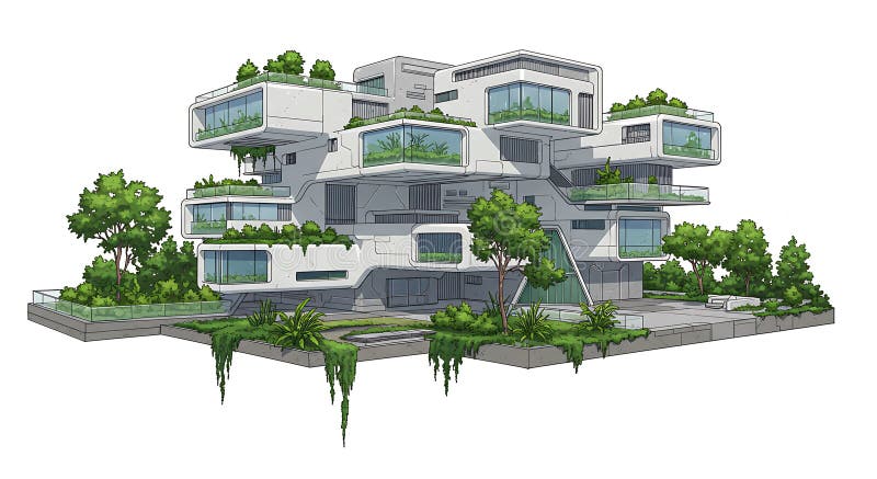 A modern, futuristic building with a modular design featuring multiple stacked royalty free illustration