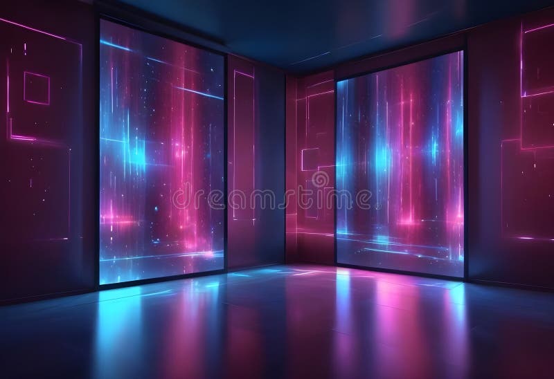 O sală futuristă modernă cu trei ecrane mari care afișează linii și date de strălucire abstracte. ecranele creează o royalty free illustration