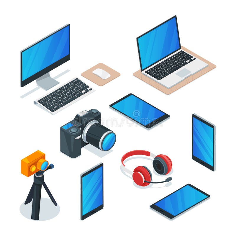 Modern gadgets, multimedia, technology and electronics symbols. Vector isometric 3d isolated icons set vector illustration