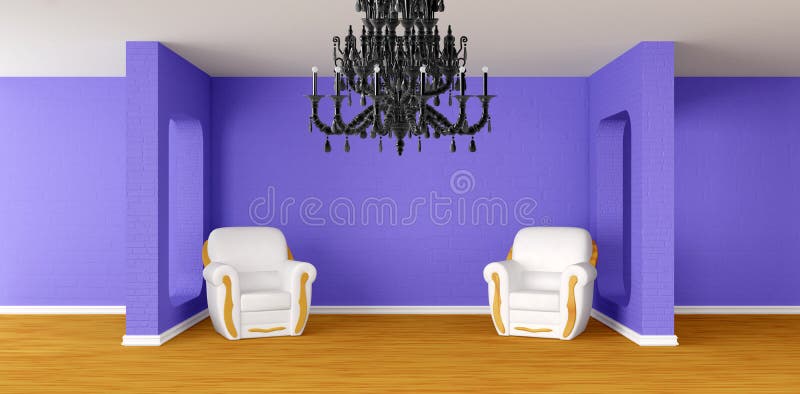 Modern gallery with armchairs and black chandelier stock illustration