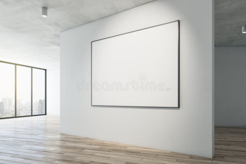 Modern gallery interior with mock up frame on white concrete wall, wooden flooring and window with city view. Museum or apartment