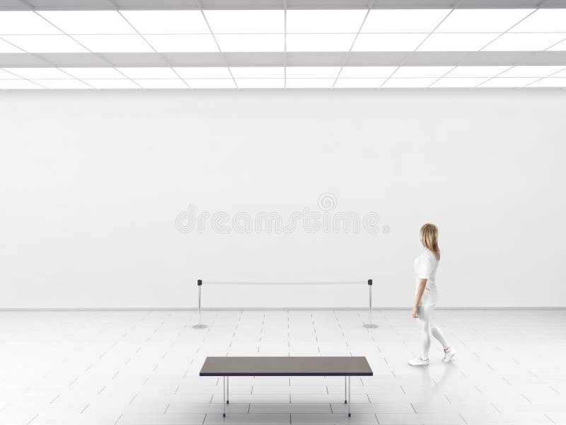 Modern gallery wall mockup. Woman walk in museum hall stock photos Modern gallery wall mockup. Woman walk in museum hall stock photos