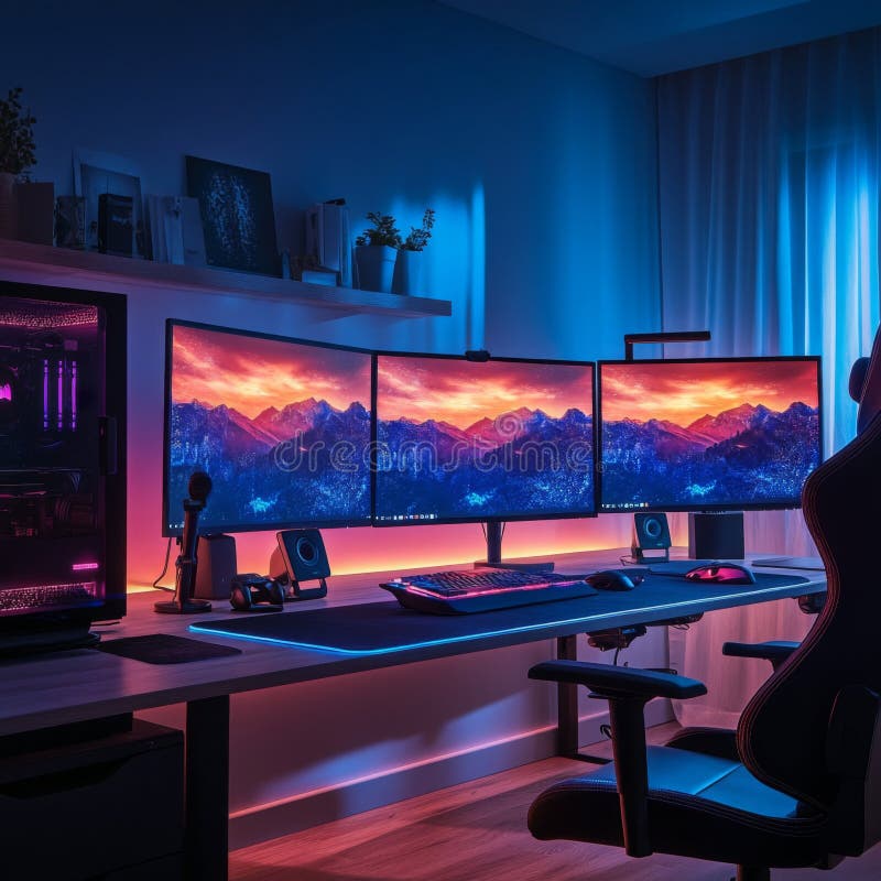 Modern Gaming Setup with Triple Monitors and Neon Lights vector illustration