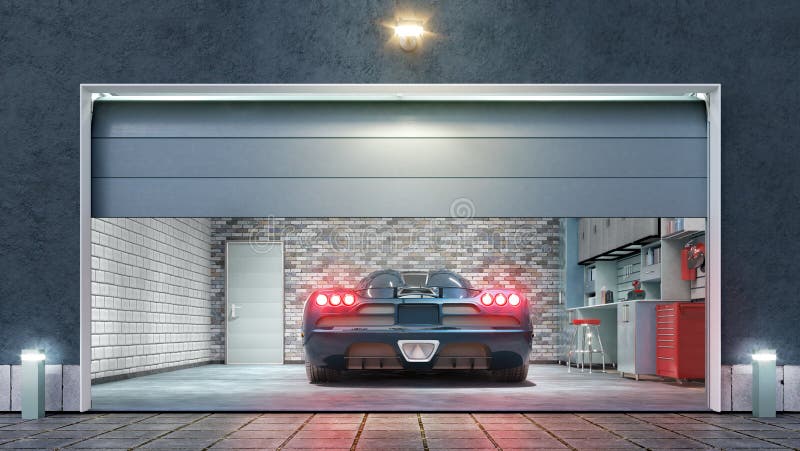 Modern Garage with Open Gate. Stock Illustration - Illustration of