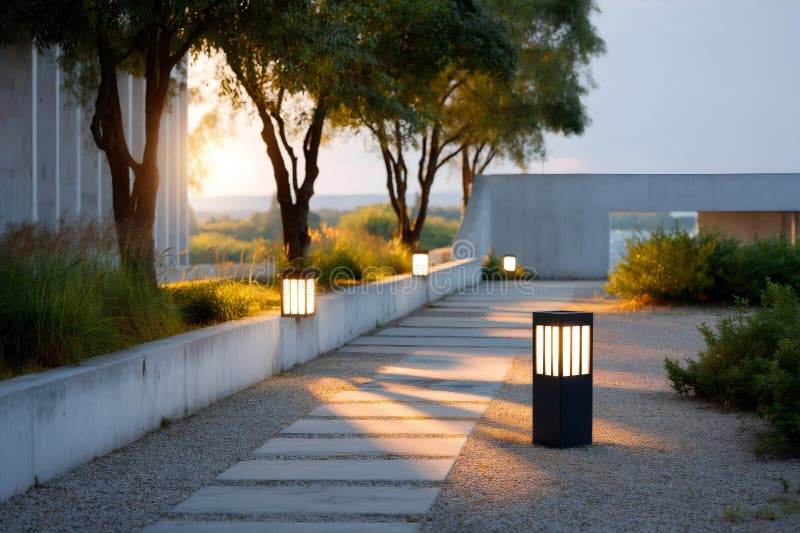 Modern garden lights illuminating a paved path at sunset stock illustration