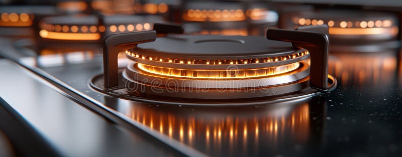 A modern gas burner is shown in close-up, featuring glowing lights and an intricate design royalty free stock photo