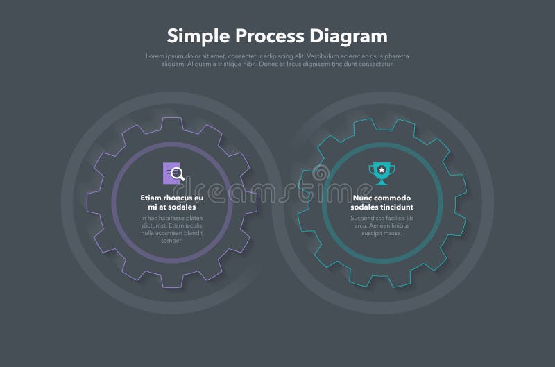 Modern gear business process diagram with 2 steps - dark version stock illustration