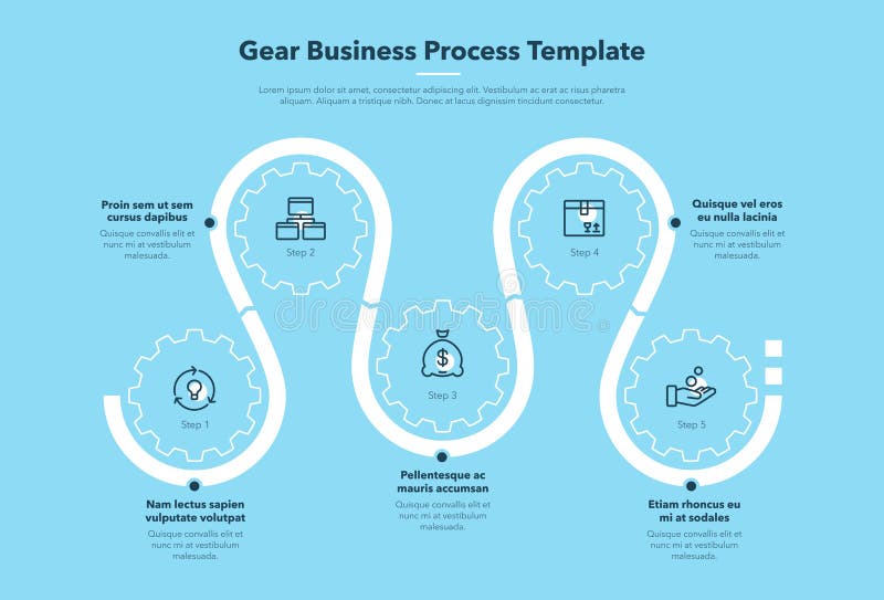 Modern gear business process template with 5 steps - blue version vector illustration
