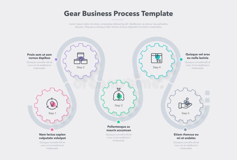 Modern gear business process template with 5 steps royalty free illustration
