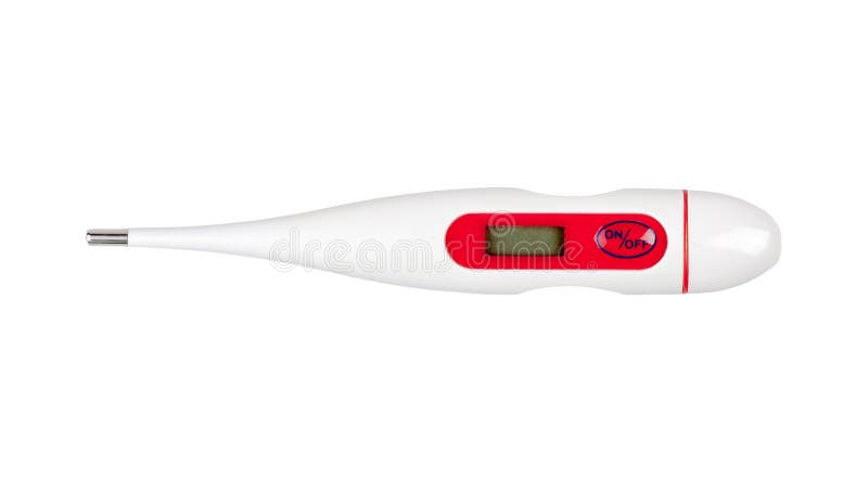 Modern generic digital electronic thermometer with a blank display and on off button, single object isolated on white background, cut out, top view. Temperature measurement simple concept, nobody