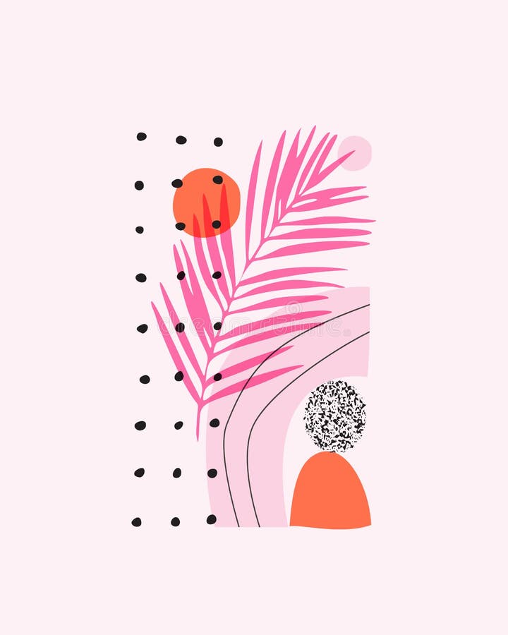 Modern geo layout: geometric natural rounded shapes, tropical leaves silhouettes, grain texture in 80s, 90s minimal flat style