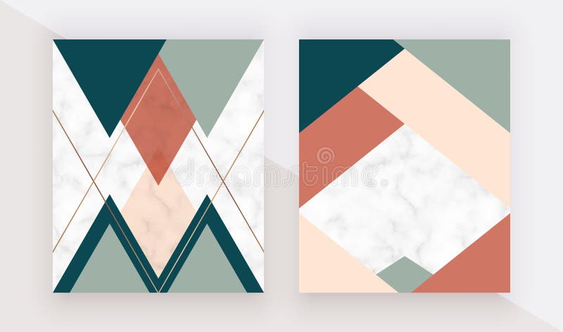 Modern geometrisk räkningsdesign med rosa, gröna orange triangelformer och guld- linjer på marmortexturen Mall för kort, f vektor illustrationer Modern geometrisk räkningsdesign med rosa, gröna orange triangelformer och guld- linjer på marmortexturen Mall för kort, f vektor illustrationer