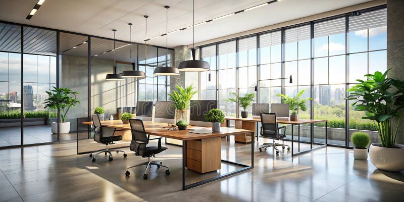 Modern Glass Partitions for Collaborative Workspaces Sleek Soundproof and Customizable Solutions for Enhanced Office stock illustration