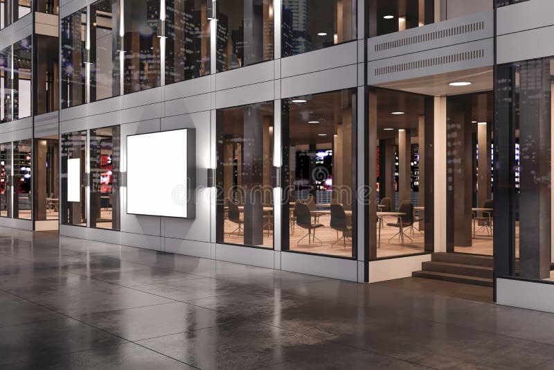 Modern Glass Store Front Exterior Design with Reflections and Empty