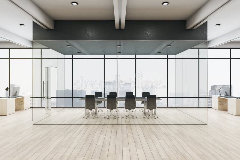 Modern glass wall conference room with black chairs and table in spacious office hall with wooden floor and city skyscrapers view