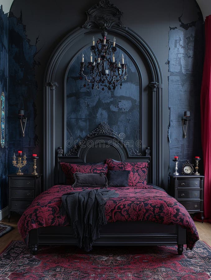 Modern Gothic Bedroom with Dark Colors and Dramatic Decor Stock Image