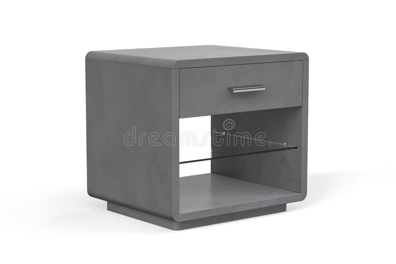 Modern Gray Bedside Table with Drawer and Glass Shelf Isolated on White