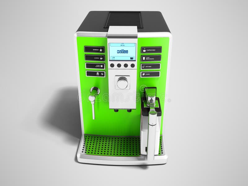Modern Green Coffee Machine with Milk Dispenser on One Cup Front Stock