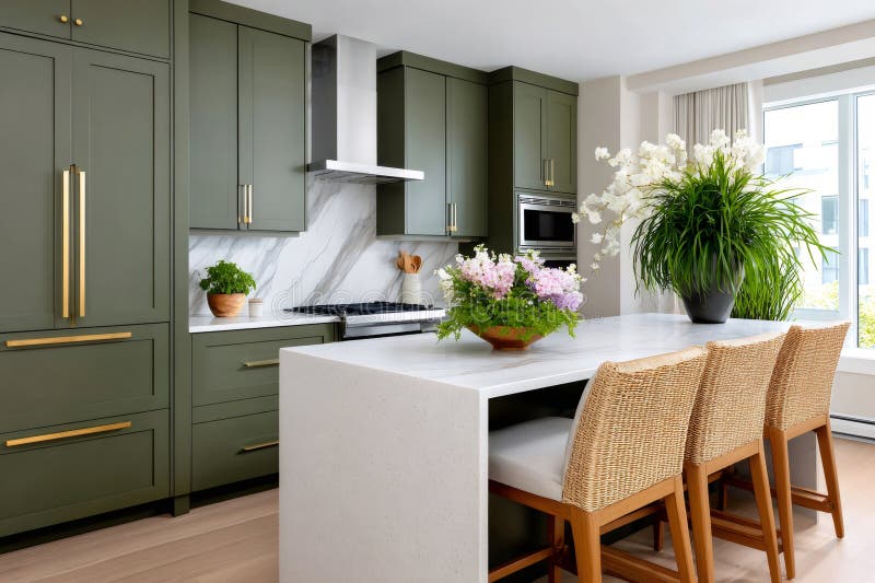 Modern green kitchen boasting quartz countertop and wicker bar stools stock illustration