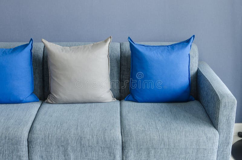 Modern Green Sofa with Blue and Grey Pillows Stock Image Image of