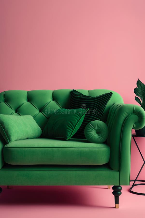 Modern Green Sofa with Cushions Over Pink Background Made with Generative AI. Stock Illustration