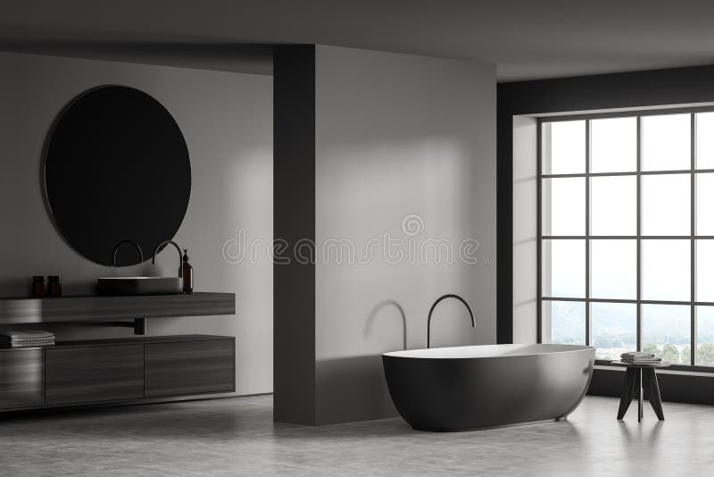 Modern Grey Bathroom with Floor To Ceiling Window Stock Illustration ...