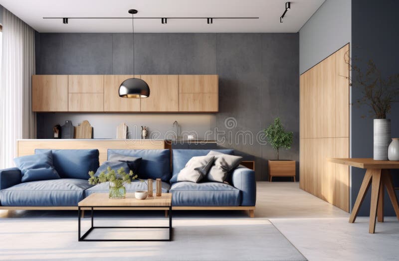 A modern grey living room stock image. Image of home - 303384463